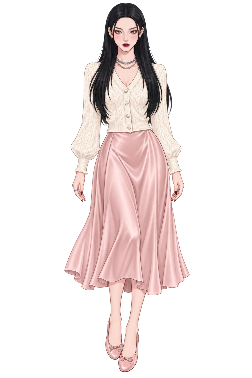 RIA in a cream knit and satin skirt