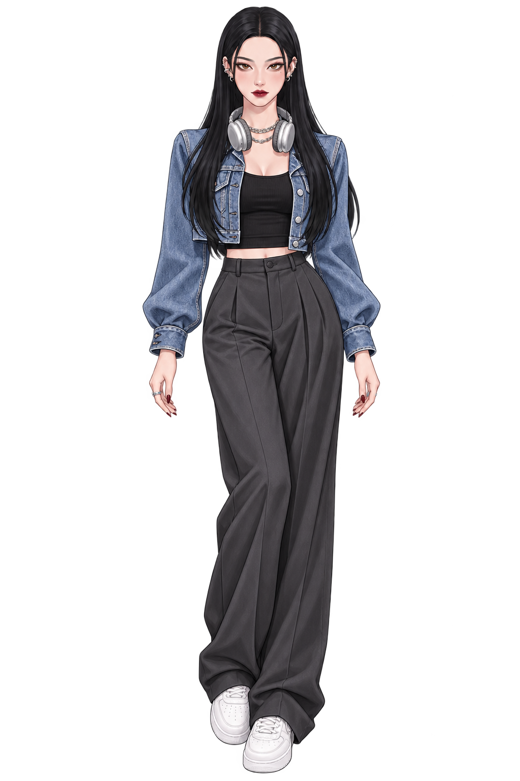 RIA in denim and wide trousers