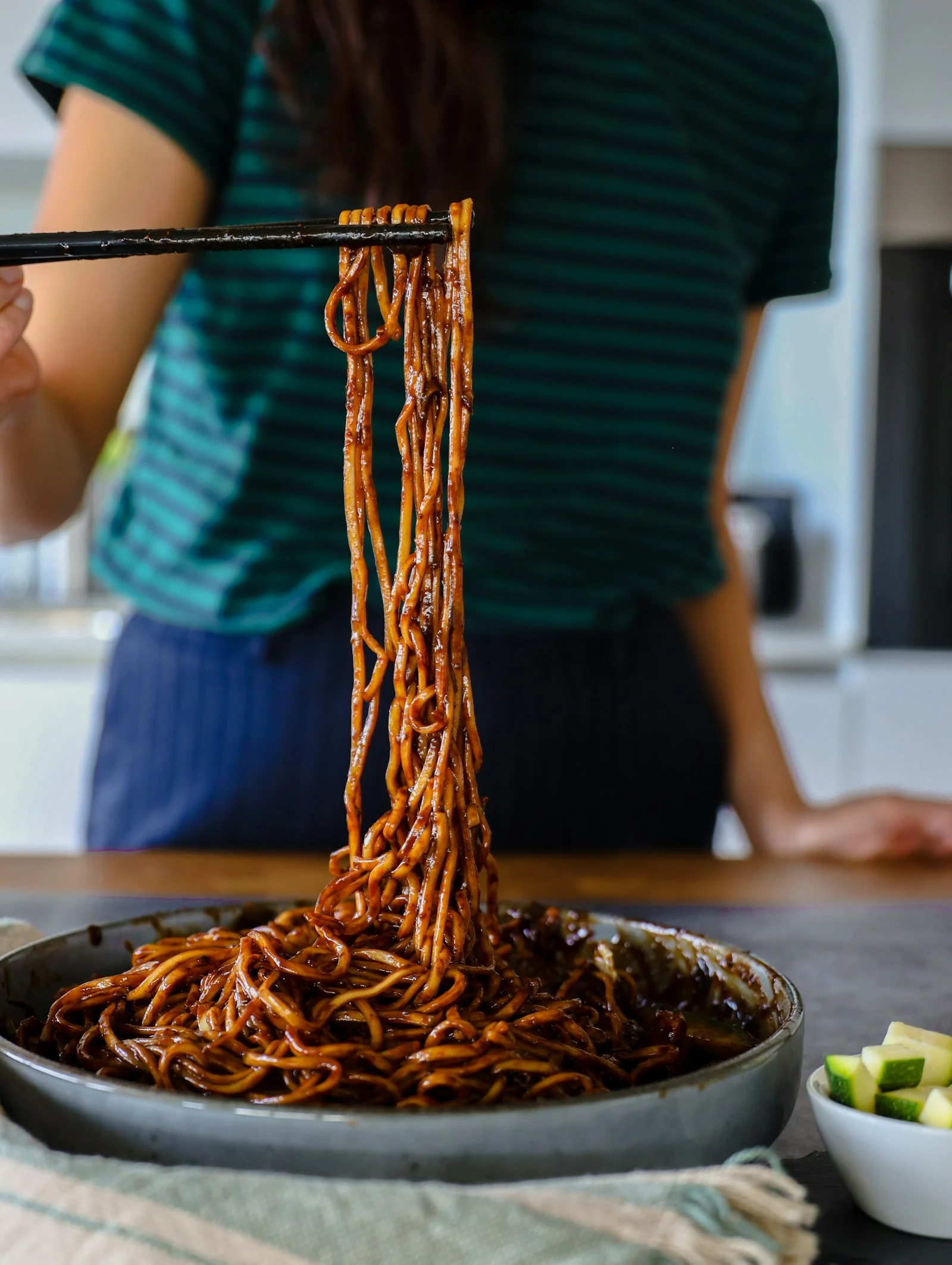 A bowl of jjajangmyeon black bean noodles