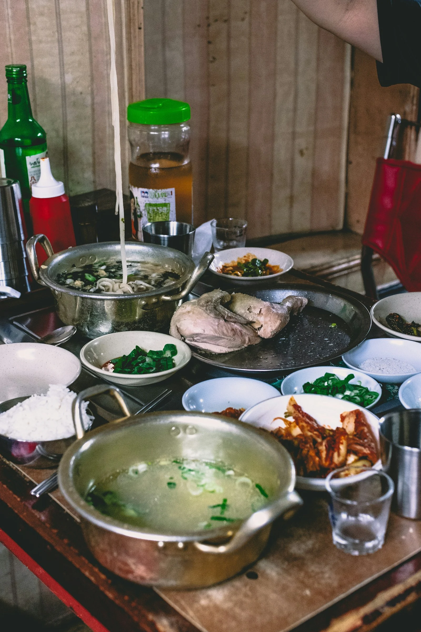 Hot pot and dishes on a table in Euljiro-dong, Seoul