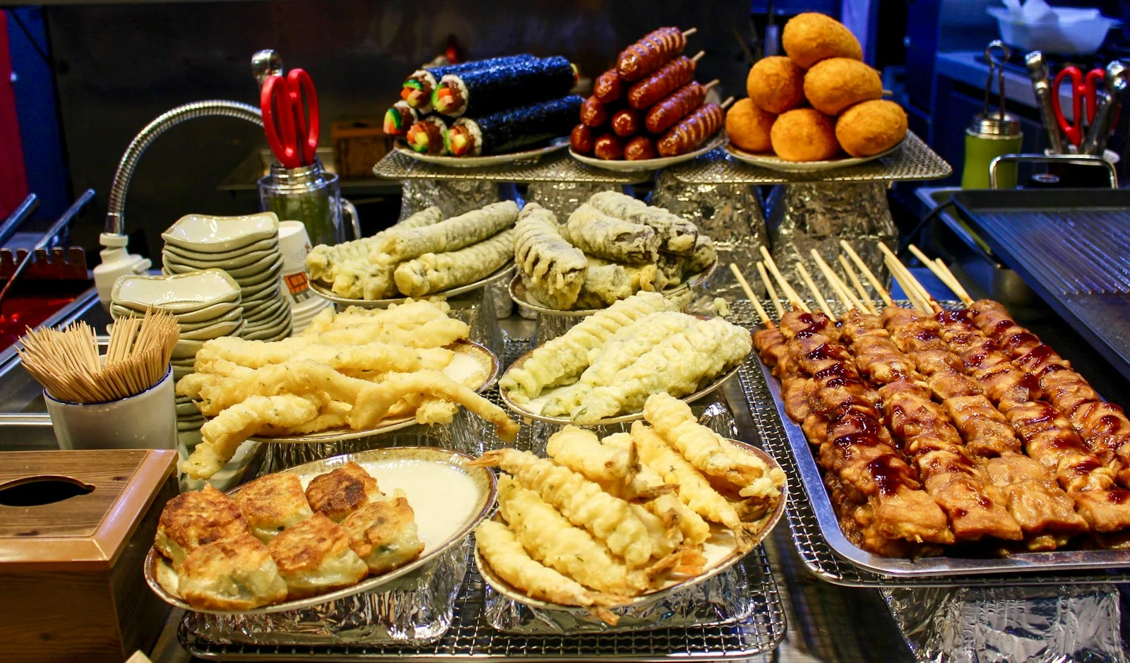 Korean street food skewers and fried snacks in Busan