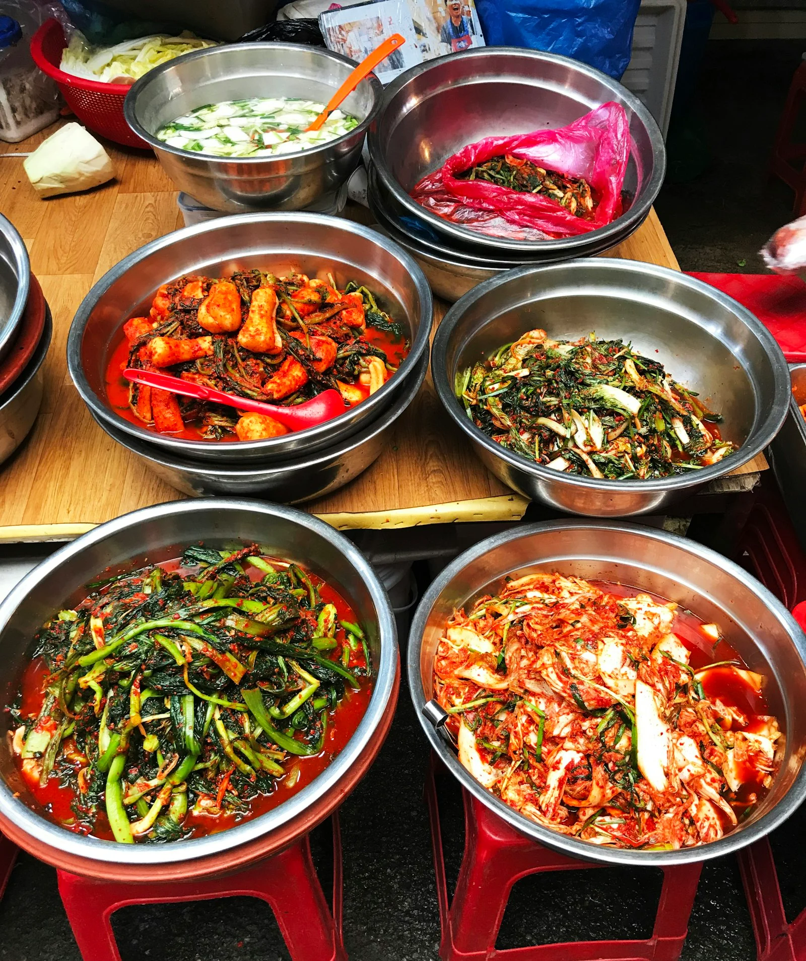 Vegetable dishes in metal bowls at a restaurant in Jongno, Seoul